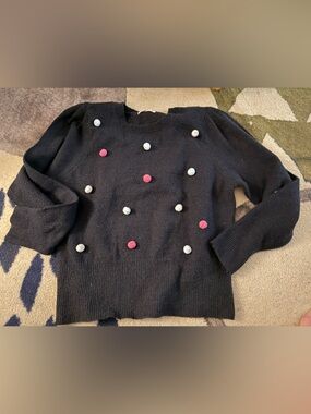 89TH + MADISON | Women’s Black Sweater with Pink and Light Blue Pom Details